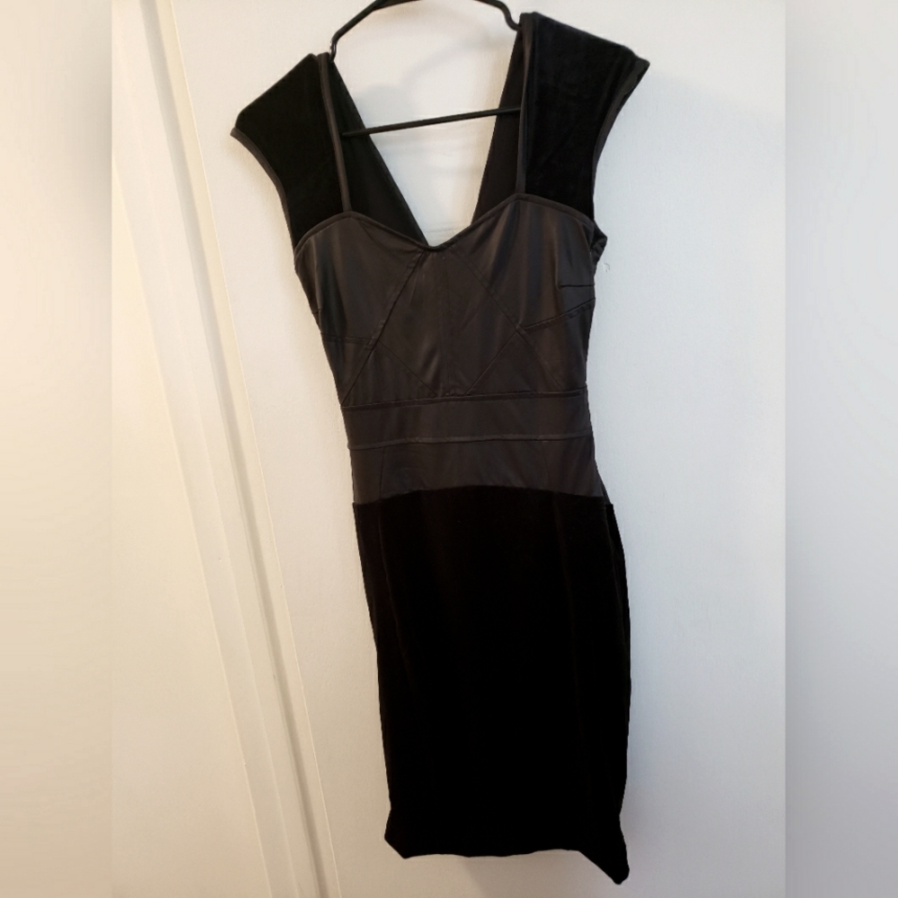 Bebe Kardashians black bodycon dress faux leather & velvet w/ corset tie back S